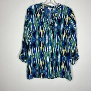 Kim Rogers Womens Blouse Size Large Linen Multi Color Artsy Button Front Boho